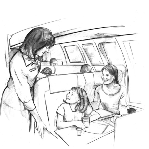 Drawing of a woman and a young girl sitting in an airplane.