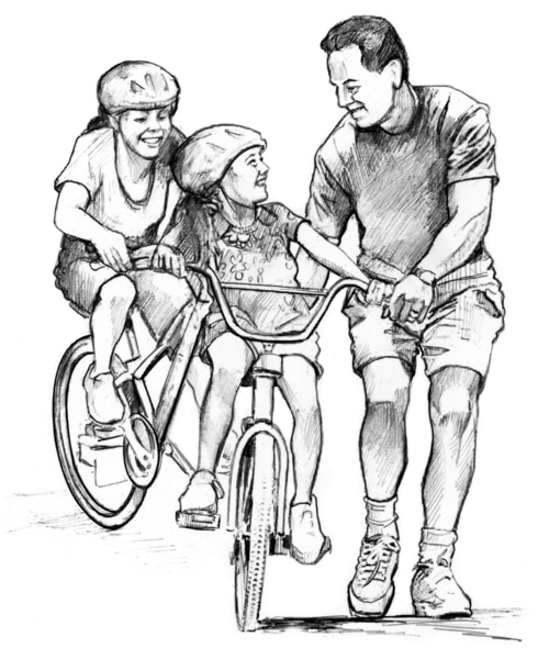 Drawing of a female child and a woman riding on bicycles. The child and the woman are wearing bike helmets. A man is running alongside the child’s bicycle while holding onto the bicycle. The man and child are smiling at each another.