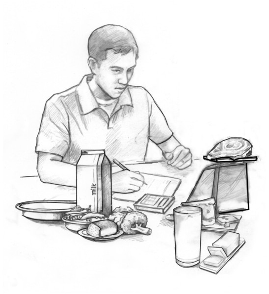 Drawing of a teenage boy weighing food on a scale and writing on a piece of paper. Some foods being weighed include meat, milk, broccoli, and bread.