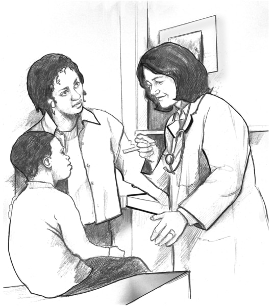 Ilustración de una madre africanoamericana y su hijo hablando con una doctora. El hijo está sentado en la mesa de examen. La madre y el doctor están parados al frente a él.