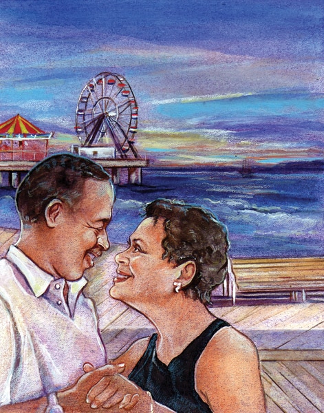 Middle-aged African American man and woman facing each other and holding hands on a boardwalk near an amusement park.