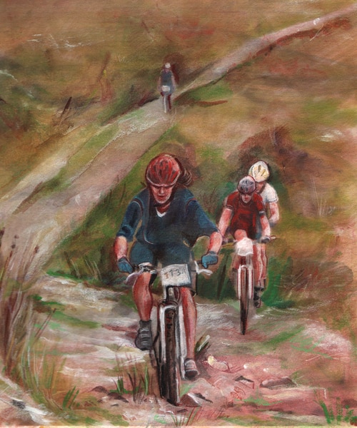 Drawing of four mountain bike racers pedaling up a hill.