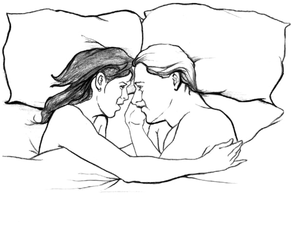 Drawing of a man and woman lying in bed and facing each other, with their foreheads touching. A blanket covers them from the armpits down.