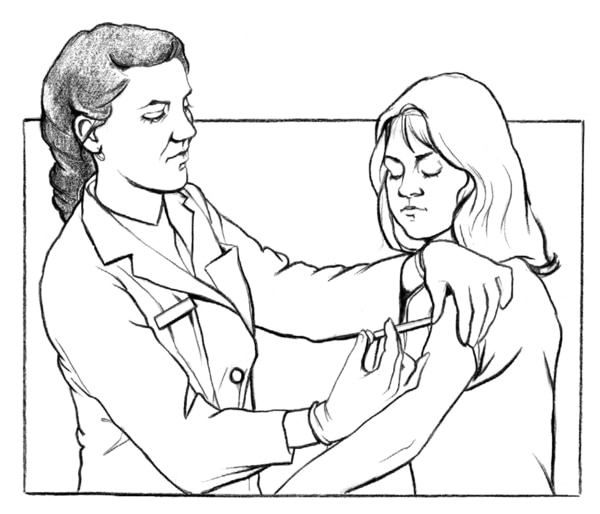 Drawing of a female health care provider giving a hepatitis B vaccination shot in the upper left arm of a female patient.