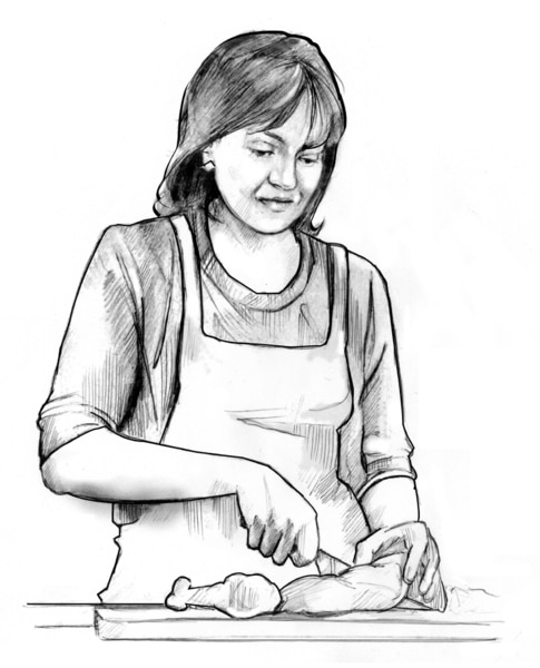 Drawing of a woman cutting meat on a cutting board.