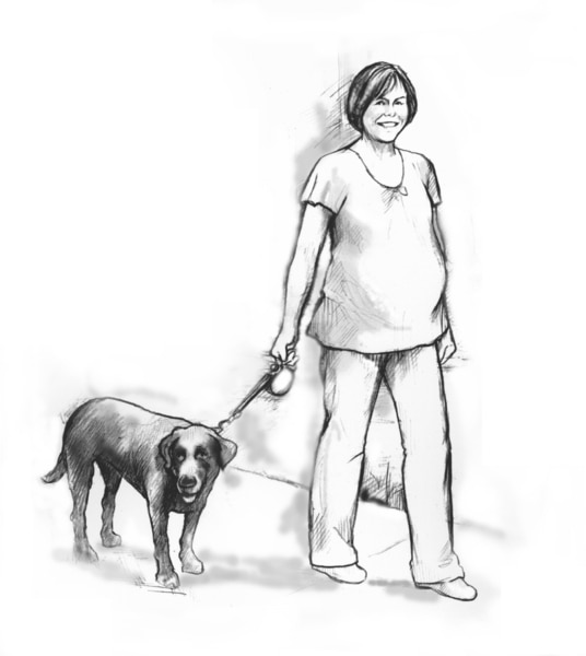 Drawing of pregnant women walking a dog.