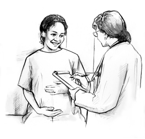 Drawing of a smiling pregnant woman sitting on an examination table in a doctor's office, talking with a female doctor.
