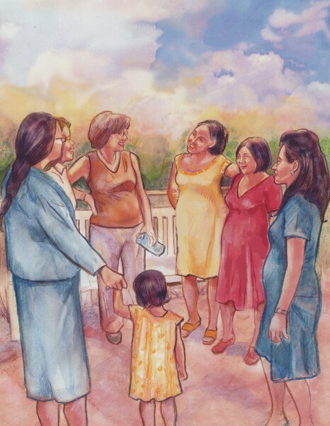 Dibujo de un grupo de mujeres embarazadas hablando.