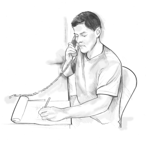 Ilustración de un hombre sentado en una mesa hablando por teléfono y escribiendo en un libretín.