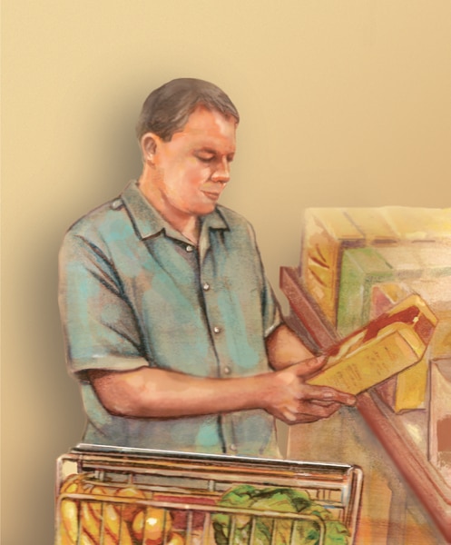 Ilustración de un hombre mirando una caja de cereal en el supermercado. Un carrito de compras con productos se encuentra al lado del hombre.