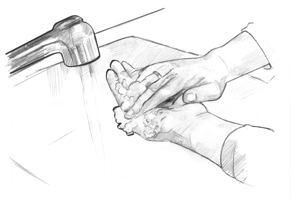Drawing of a pair of hands under a running faucet and lathered with soap.