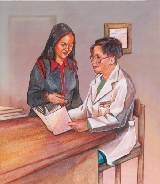 Ilustración de dos mujeres mirando un libro. La mujer que sostiene el libro está sentada y viste una bata de médico. La otra mujer está de pie señalando el libro.