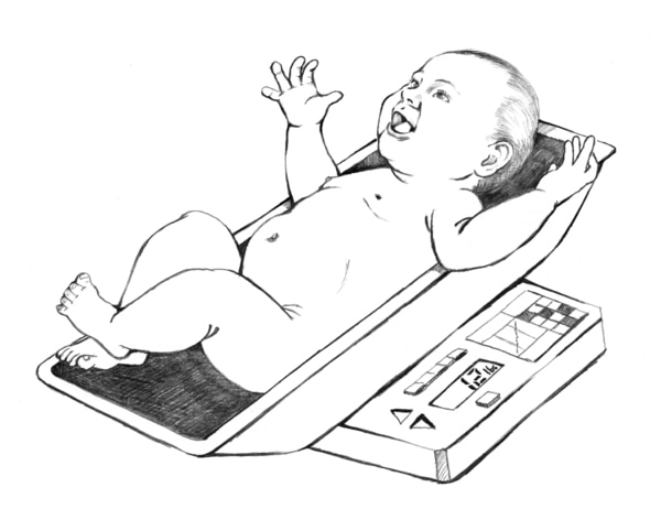 Drawing of a newborn baby being weighed on a baby scale. The baby is abnormally large–—called macrosomia.