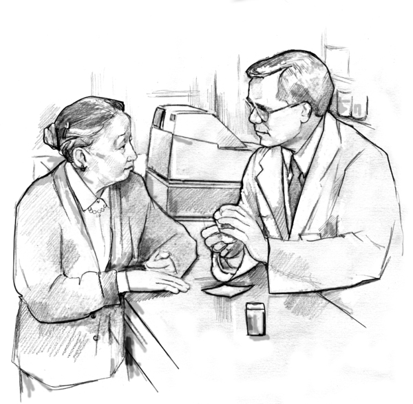 Drawing of an older female patient talking with a male pharmacist at a pharmacy counter.