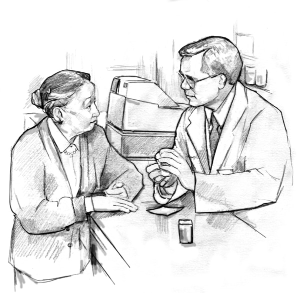 Drawing of an older female patient talking with a male pharmacist at a pharmacy counter.