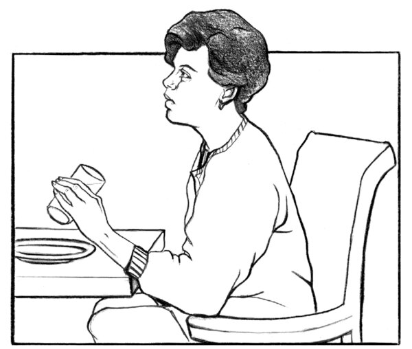 Dibujo de una mujer sentada en una mesa mientras bebe un vaso de agua.
