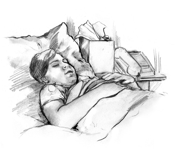 Drawing of a little boy lying in bed with his eyes closed and arms folded across his stomach.