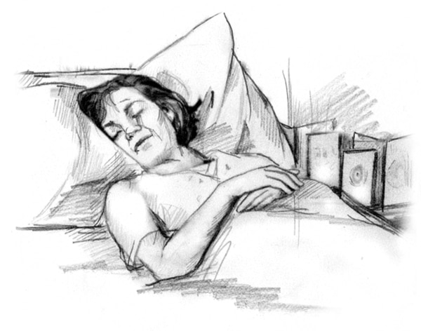 Drawing of a woman lying in bed with her eyes closed and arms folded across her stomach.
