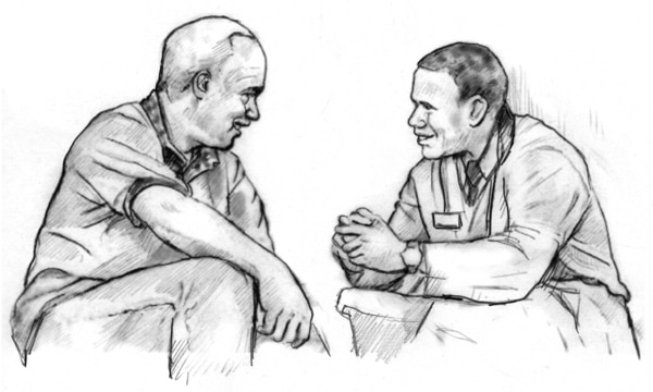 Drawing of male doctor talking with a male patient.