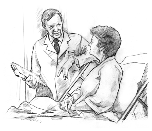 Drawing of a male doctor holding a clipboard talking with a female patient, who is sitting up in a hospital bed.