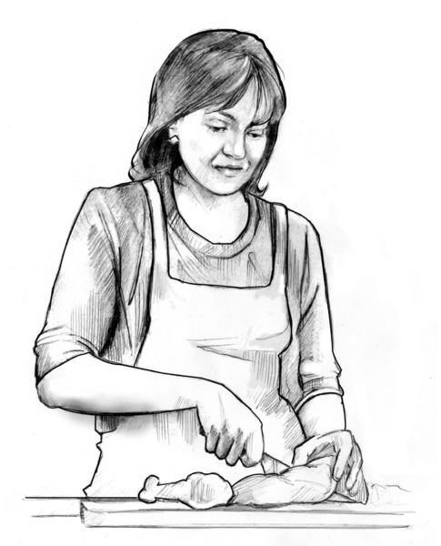 Ilustración de una mujer cortando carne sobre una tabla de picar.