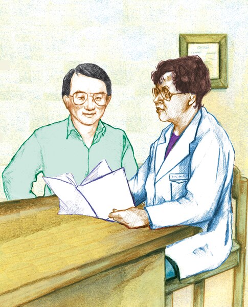 Drawing of a male Asian patient with a female African American doctor.