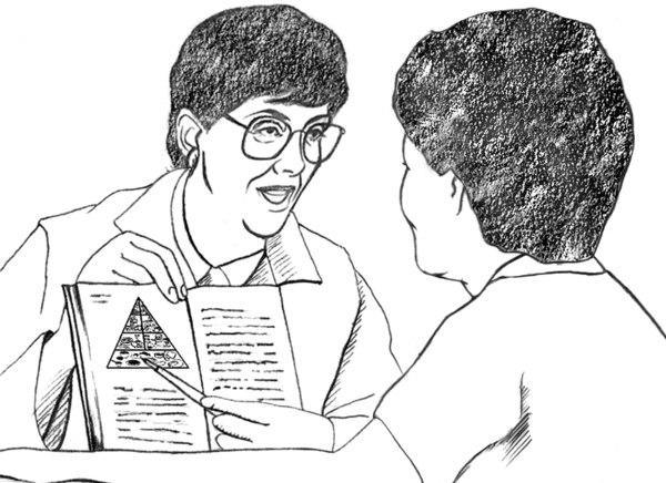 Drawing of a dietitian and patient.