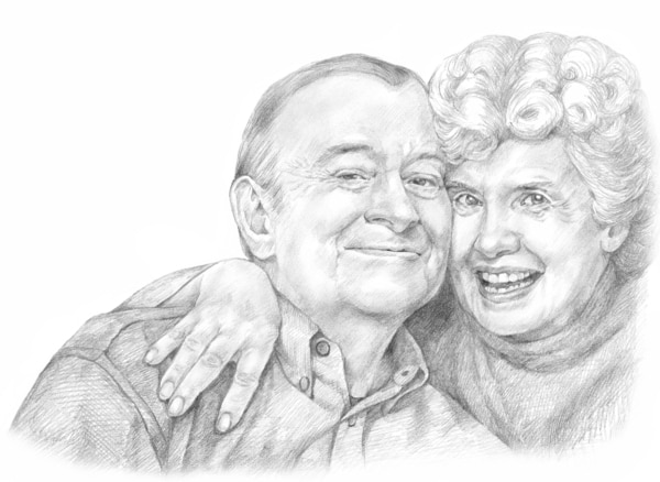 Drawing of a happy, older, Caucasian couple.