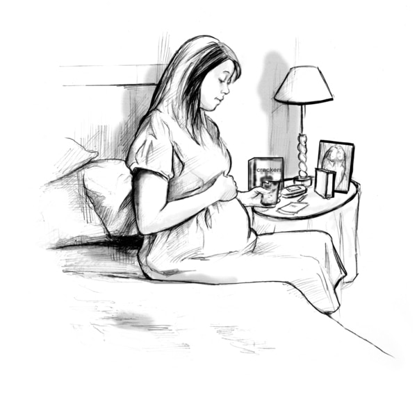 Drawing of a pregnant woman sitting on the side of her bed and holding a glass of water. Her bedside table has a box of crackers, a glucose monitor, and a glucose level record book.