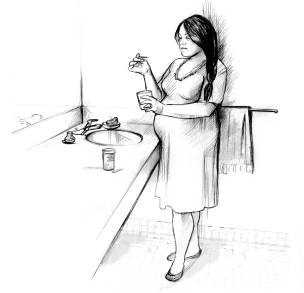 Drawing of a pregnant woman standing in her bathroom and testing her ketone level. She is holding a dipstick and a cup of urine.