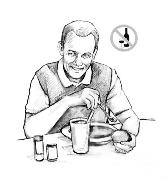 Drawing of a man sitting at a table, eating a bowl of soup. He is holding a roll and a drink sits on the table in front of him. A “no alcohol” symbol is in the upper right corner.
