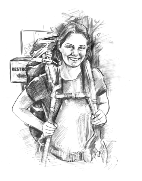 Drawing of a woman wearing a large backpack.