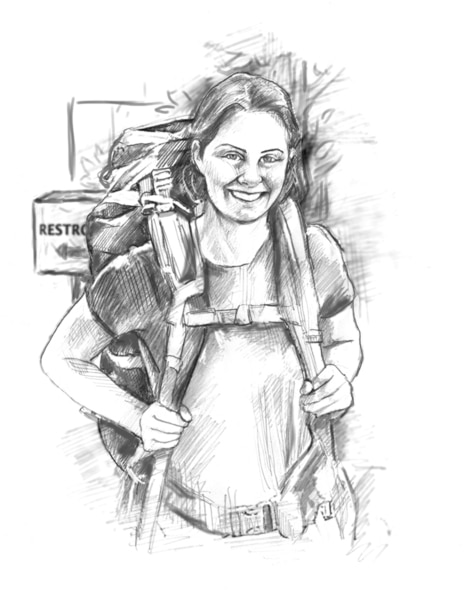 Drawing of a woman wearing a large backpack.