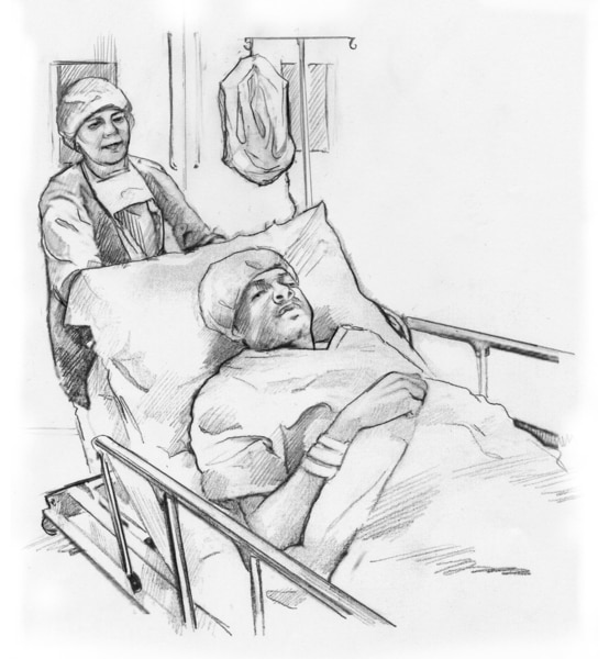 Drawing of a male patient lying on a gurney being wheeled into surgery by a health care provider.
