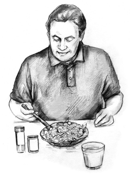 Drawing of a man sitting at a table, scooping his fork into a plate of food in front of him. Two pill bottles and a glass of liquid are also on the table.