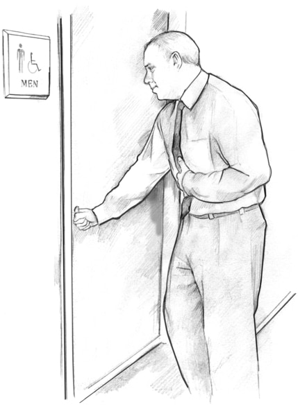 Drawing of a man entering the men’s restroom with his hand on his stomach to indicate nausea.
