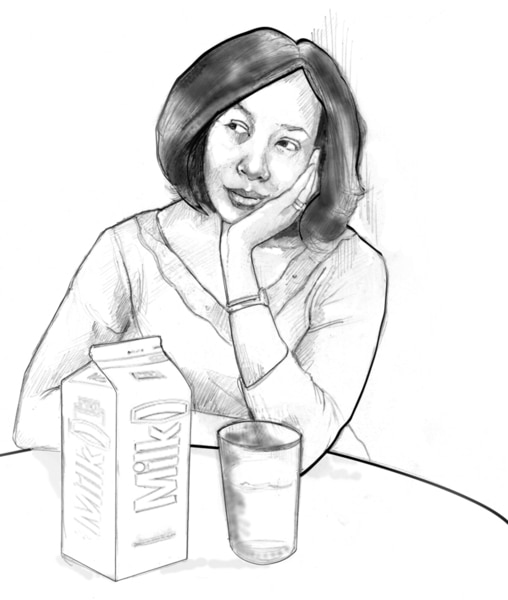 Drawing of a woman seated at a table with her elbow propped on the table and her head resting in her hand. A carton of milk and a glass are on the table.