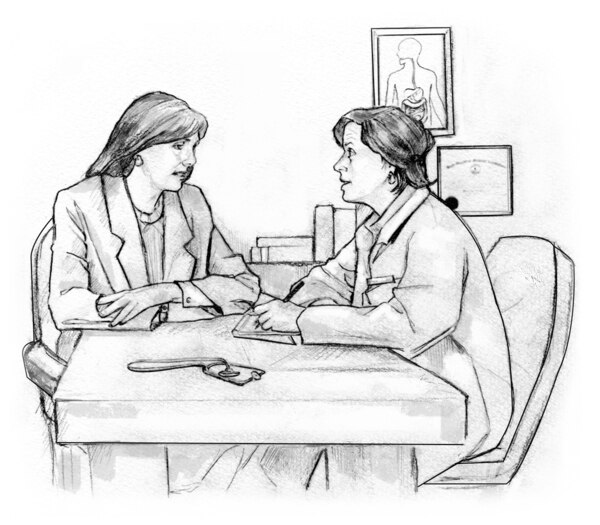 Drawing of a woman and a doctor seated at a table and talking in the doctor’s office. The doctor is taking notes.
