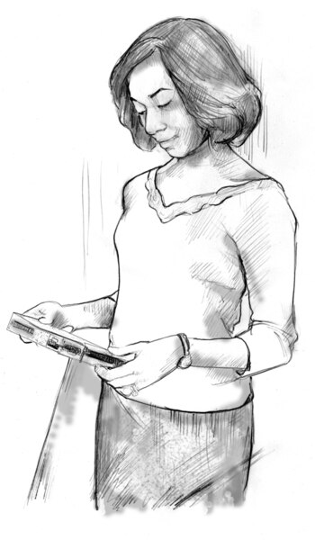 Drawing of a woman reading the food label on a frozen dinner, looking for words that mean the food contains lactose.