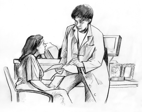 Drawing of a female doctor who is leaning against a desk, holding an open booklet and a pen in her hand. She is talking to a female patient seated in a chair.