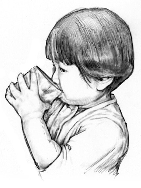 Drawing of a child drinking from a glass.