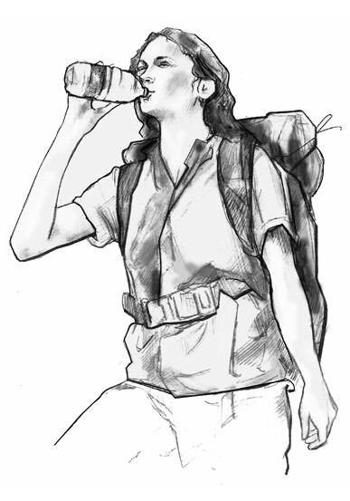Drawing of a woman wearing a hiking pack and drinking from a bottle of water.