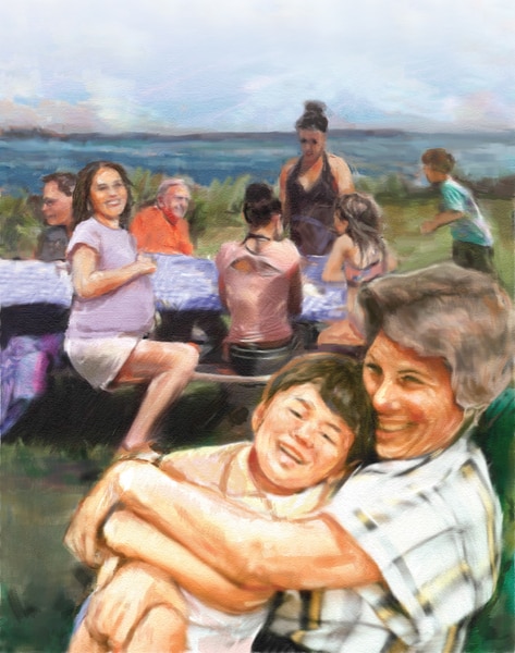 Illustration of a picnic by a lake. A woman hugs a boy and a group of people are seated or standing around a picnic table by a lake.