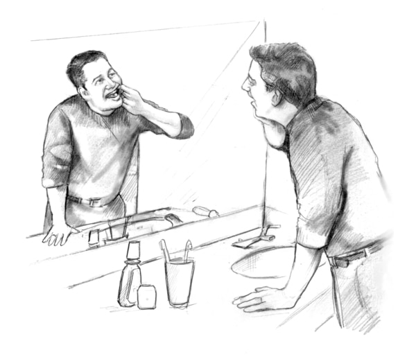 Drawing of a man checking the inside of his mouth in the bathroom mirror for signs of problems from diabetes.