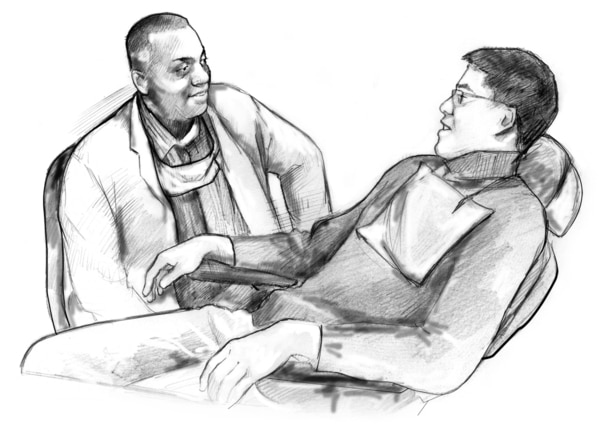 Drawing of a male patient seated in a dental chair and talking with his male dentist.