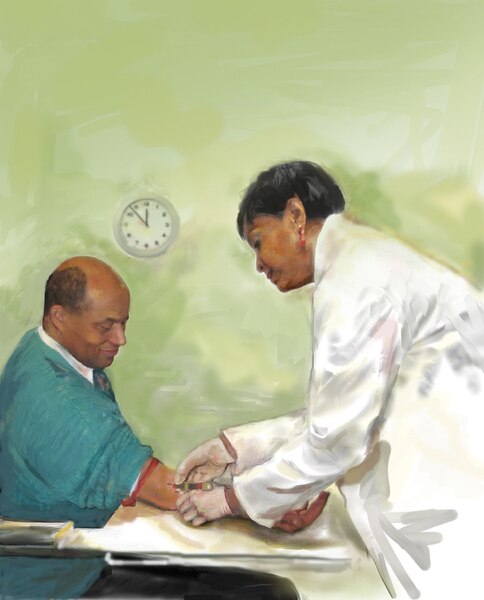 Image of a female African American laboratory technician drawing blood from a male African American patient’s right arm.