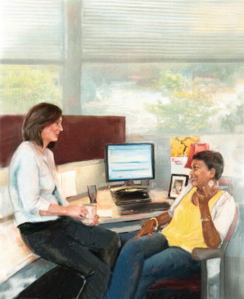 Drawing of two women in an office talking.