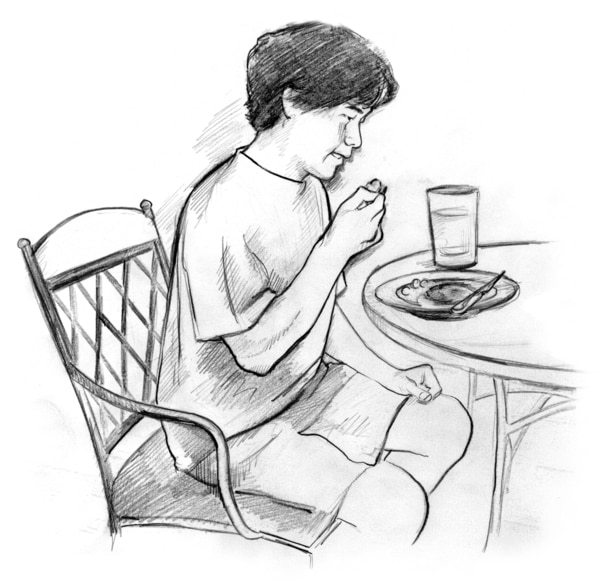 Drawing of a young man sitting at a table, eating a small meal.