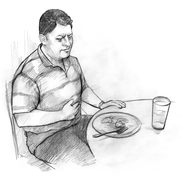 Drawing of a man who looks ill. The man is sitting at a dinner table and has one hand on his stomach.