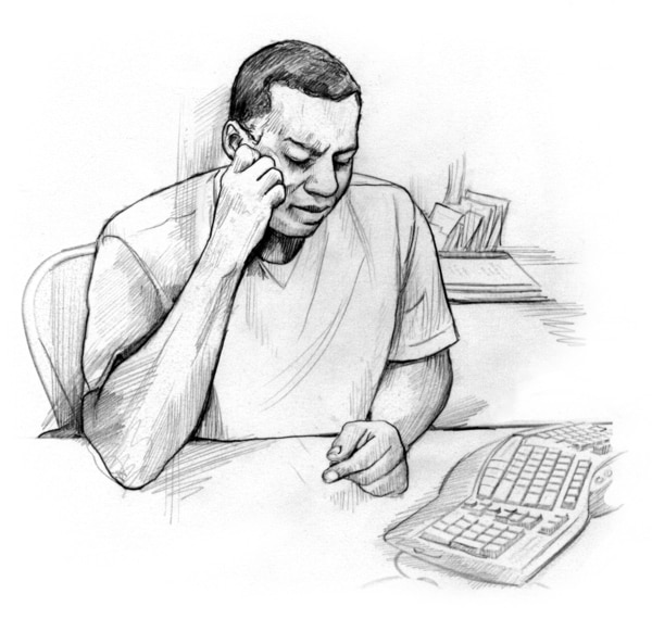 Drawing of a man sitting at a computer keyboard.
